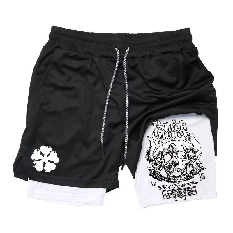 Summer New Black Five-leaf Clover Printed Men's and Women's Shorts Double-layer Loose Sports and Casual Pants for Beach Fitness